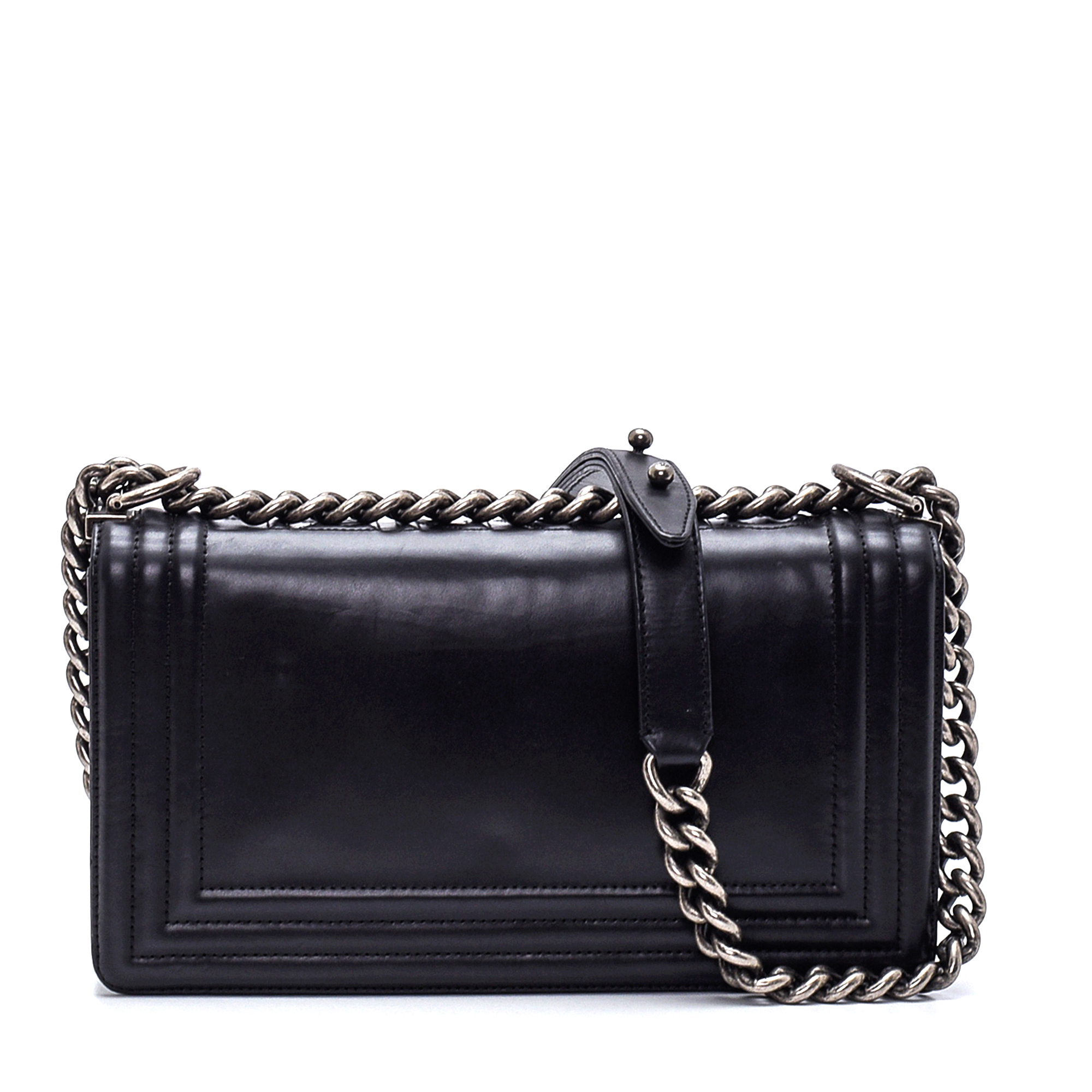 Chanel - Black Calfskin Box Leather Old Medium Boy Bag